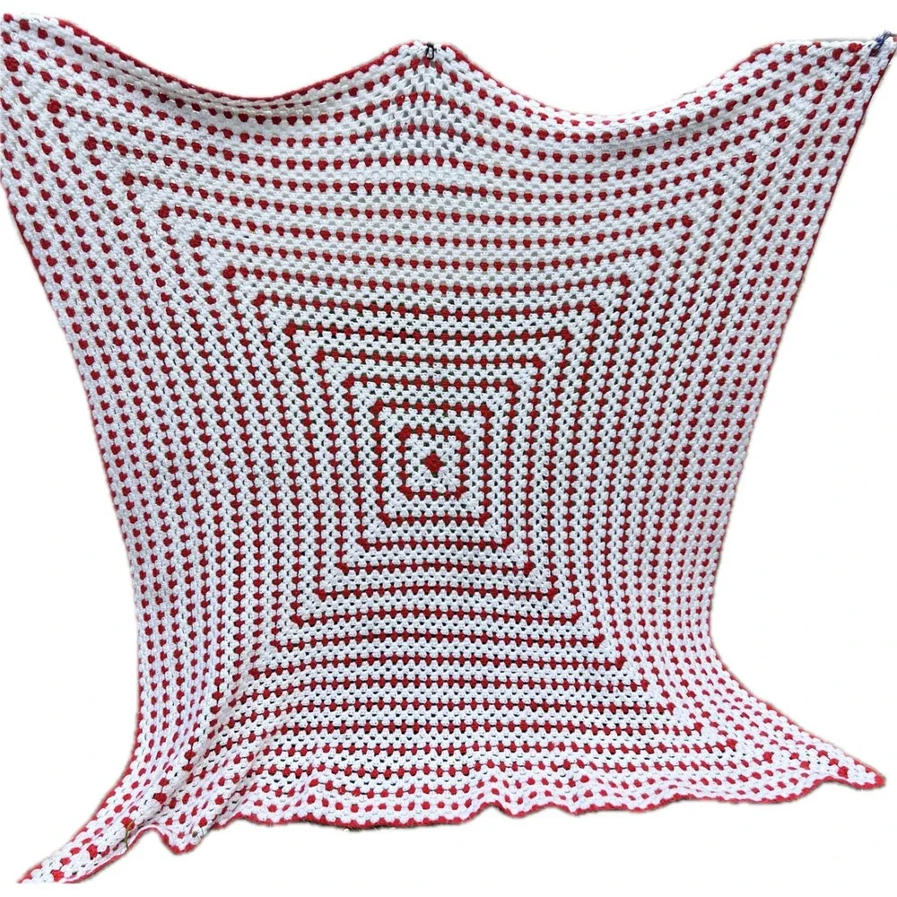 Vintage Handmade Granny Square Crochet Red White Throw Blanket | 76